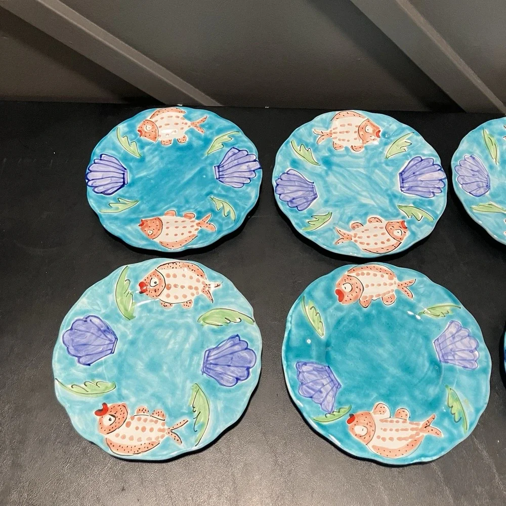 La Musa Italy Set of 7 Hand Painted Fish Seashell 8 inch Salad Dessert Plates